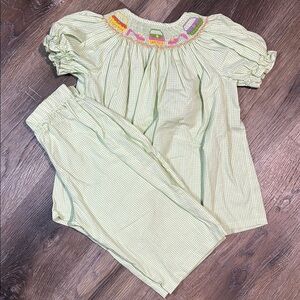 Green Gingham Smocked Top and Pants Set with Fashion Smocking